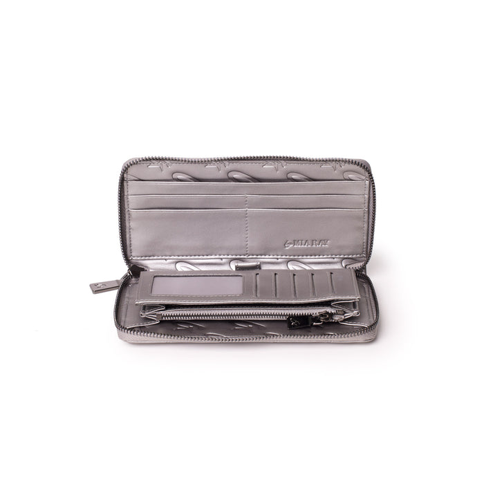Open platinum-colored wallet with multiple card slots, a zippered coin pocket, and interior branding by Mia Ray.
