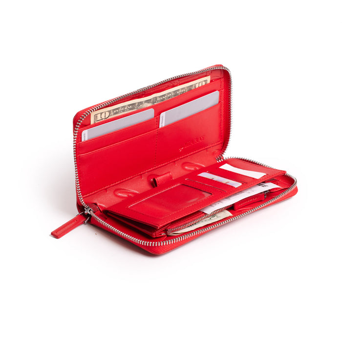 Red leather wallet with multiple card slots, a zippered coin compartment, and cash pockets, open to show interior organization.