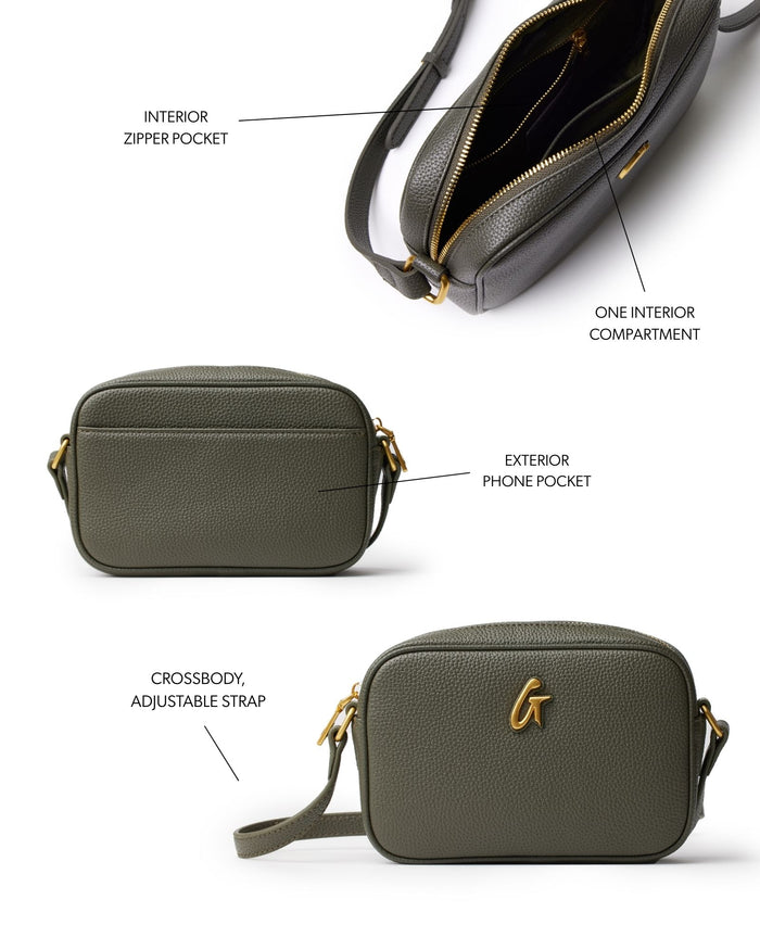 Olive green pebble camera bag featuring an adjustable crossbody strap, interior zipper pocket, and exterior phone pocket.