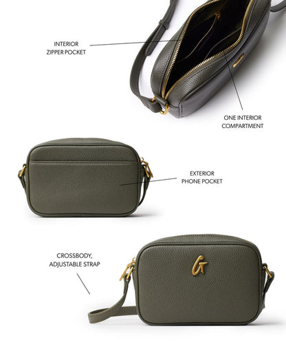 Olive green pebble camera bag featuring an adjustable crossbody strap, interior zipper pocket, and exterior phone pocket.