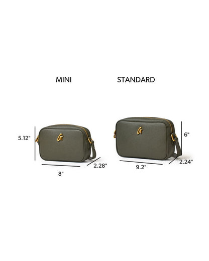 Olive green standard pebble camera bag with gold accents, featuring dimensions for mini and standard sizes.