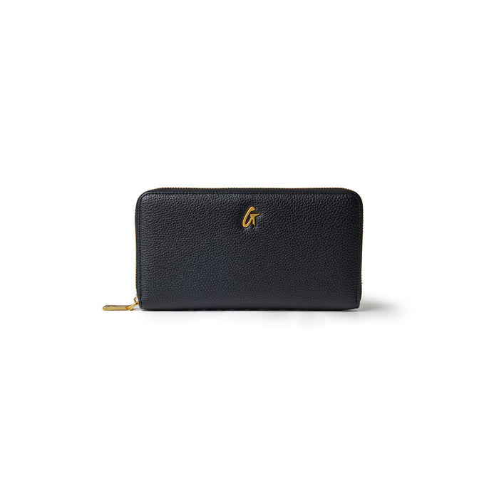 Black pebble wallet featuring a textured finish and a gold logo on the front, designed for style and functionality.
