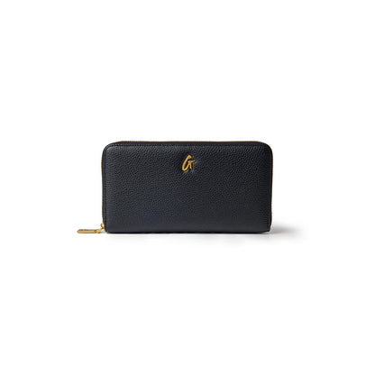 Black pebble wallet featuring a textured finish and a gold logo on the front, designed for style and functionality.