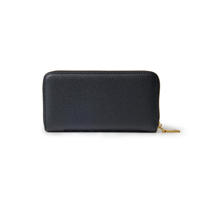 Black pebble-textured wallet with a gold zipper and pull tab, designed for storing cash and cards.