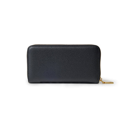 Black pebble-textured wallet with a gold zipper and pull tab, designed for storing cash and cards.