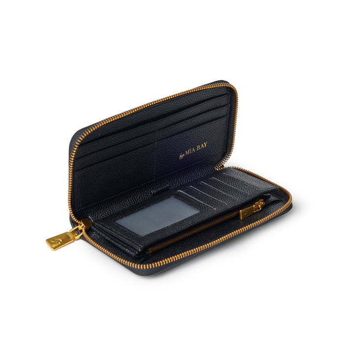 Black pebble leather wallet with gold zipper, multiple card slots, and a clear ID window, open to show interior details.