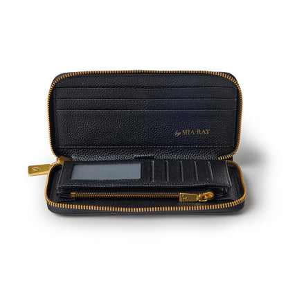 Open black pebble leather wallet with gold zipper, card slots, ID window, and "MIA RAY" branding inside.