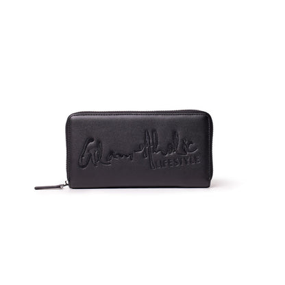 Black wallet with embroidered "Lifestyle" text and a zipper closure, designed for stylish everyday use.