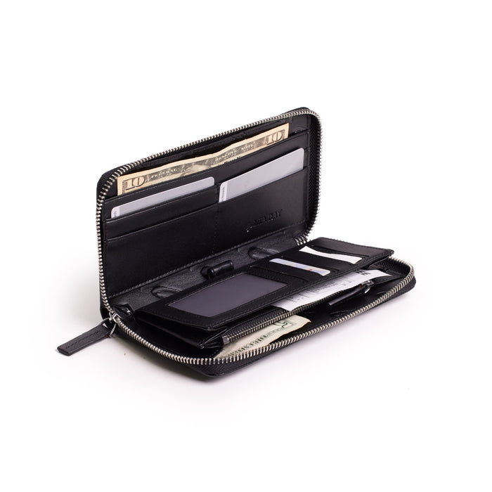 Open black wallet with multiple card slots, a clear ID window, and cash compartment, featuring a silver zipper.