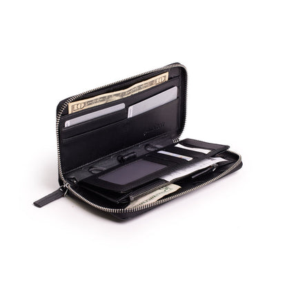 Open black wallet with multiple card slots, a clear ID window, and cash compartment, featuring a silver zipper.