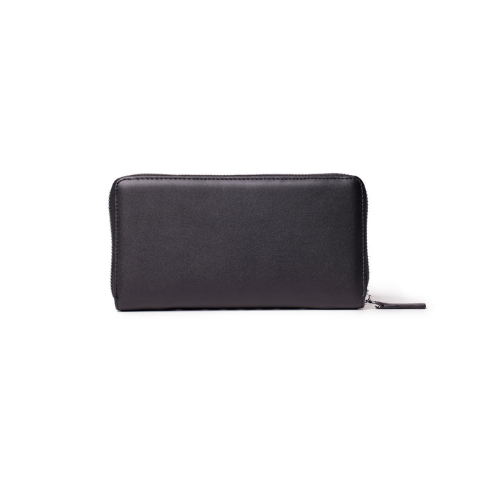 Black leather wallet with a zip-around closure, featuring a subtle signature logo on the front.
