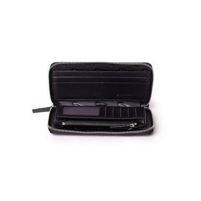 Open black wallet with multiple card slots, zippered coin pocket, and interior compartments, labeled "Signature Logo Wallet.