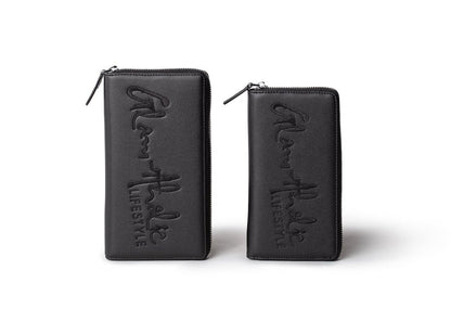 Black zippered wallets with embossed "LIFE STYLE" and "What" text, featuring a sleek, minimalist design.