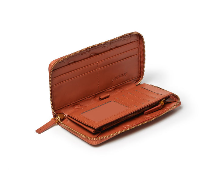 Brown leather wallet with multiple card slots, ID window, and zip-around closure, open to show interior organization.