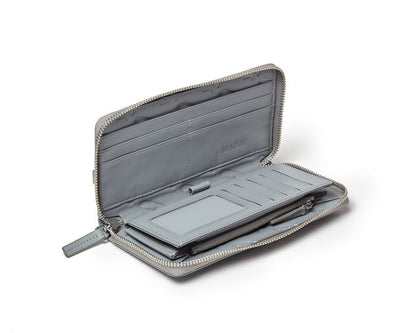 Gray signature logo wallet with multiple card slots, a zippered coin pocket, and interior branding, open to display organization.