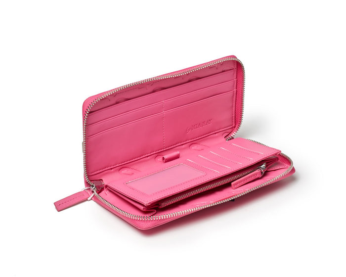 Open pink wallet with multiple card slots, zipper closure, and interior ID window, designed for organization.