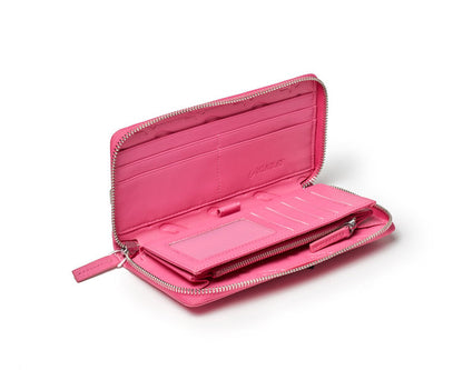 Open pink wallet with multiple card slots, zipper closure, and interior ID window, designed for organization.