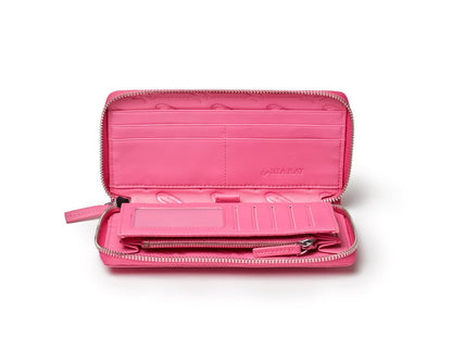 Open hot pink wallet with multiple card slots, a zippered coin pocket, and "by MIA RAY" embossed inside.