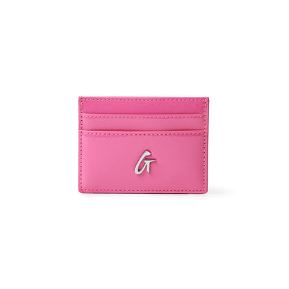 Pink mirror finish silver card holder with a silver "G" logo on the front, featuring multiple card slots on the back.