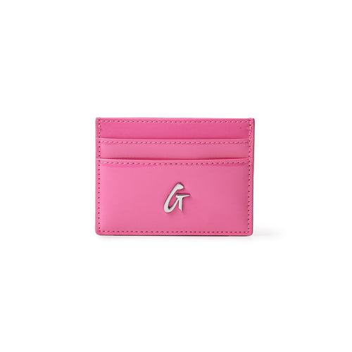 Pink mirror finish silver card holder with a silver "G" logo on the front, featuring multiple card slots on the back.