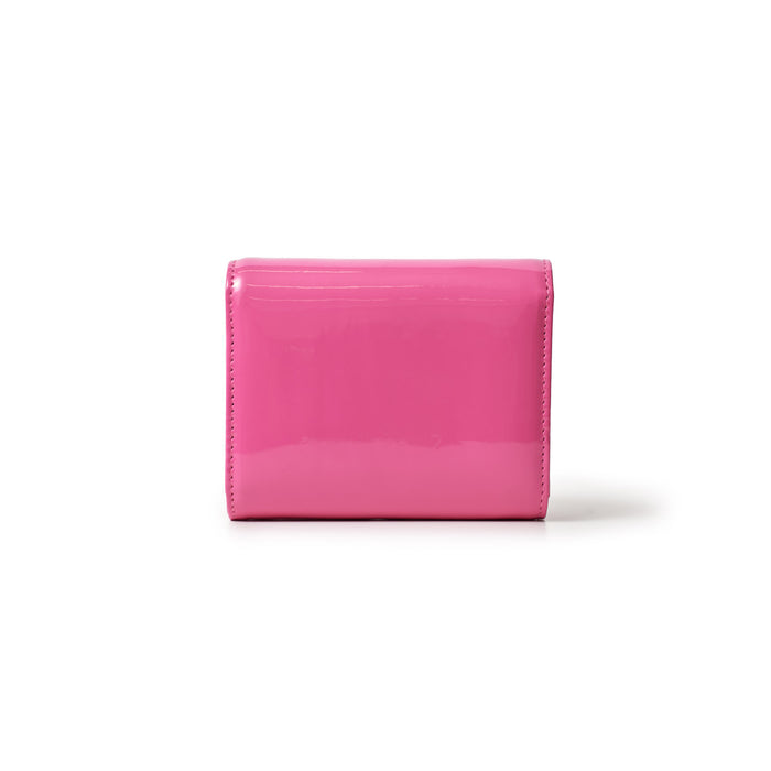 Compact silver WOC mirror in vibrant hot pink, with a shiny, reflective surface and sleek rectangular design.