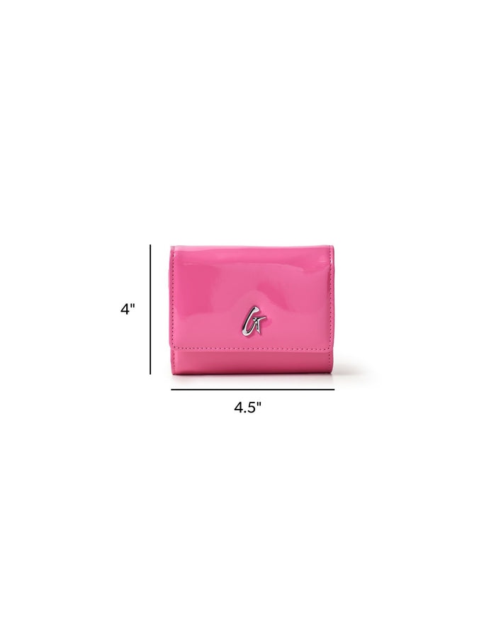 Hot pink compact wallet with a shiny finish, featuring a silver logo, measuring 4 by 4.5 inches. Perfect for stylish organization.