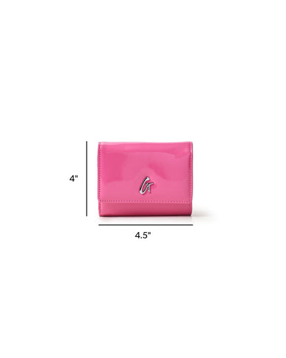 Hot pink compact wallet with a shiny finish, featuring a silver logo, measuring 4 by 4.5 inches. Perfect for stylish organization.