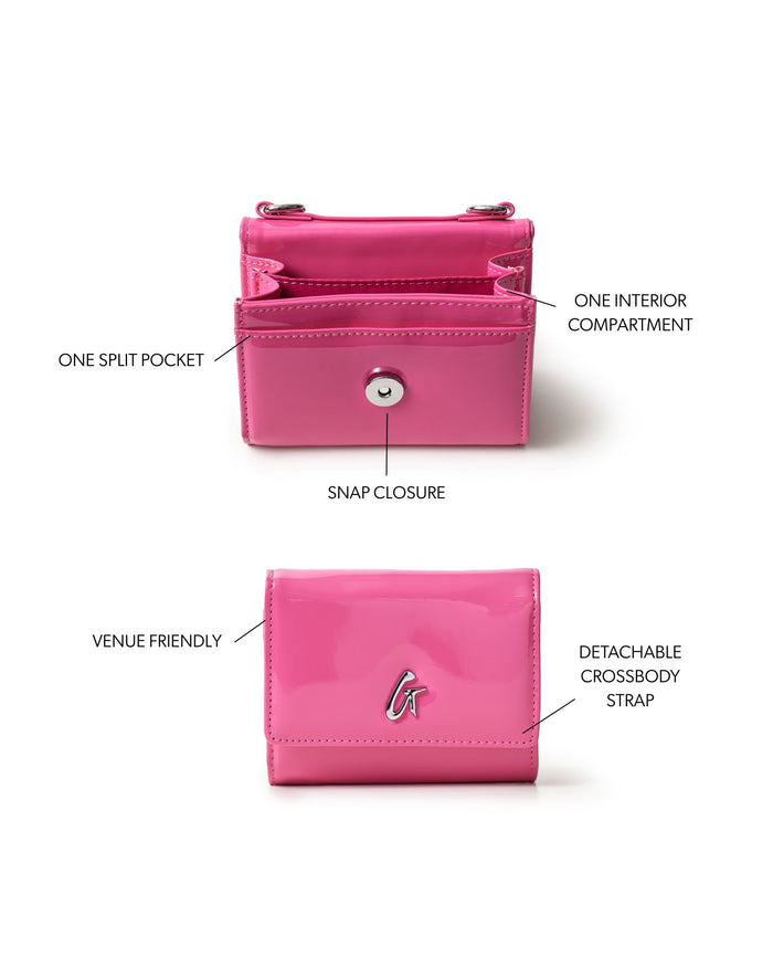 Hot pink compact wallet on chain with snap closure, one interior compartment, and detachable crossbody strap.
