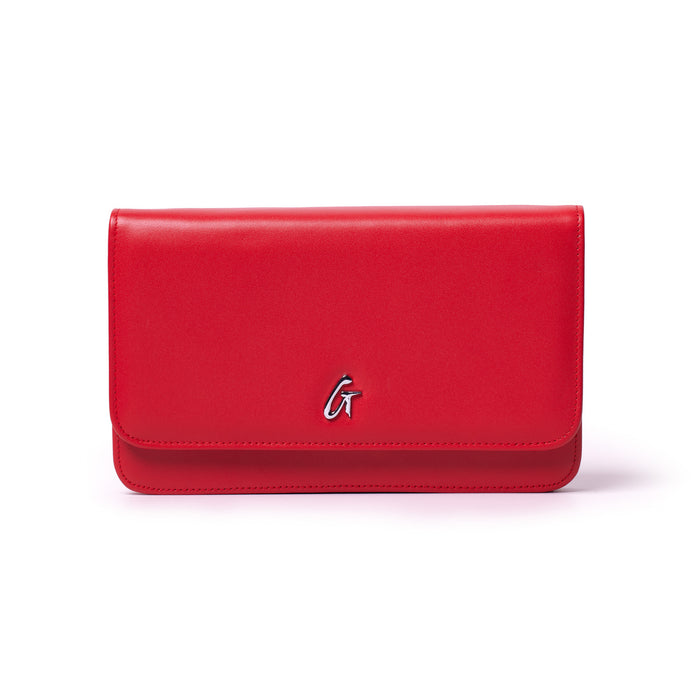 Red leather wallet with silver "G" logo, featuring a sleek design and fold-over flap.