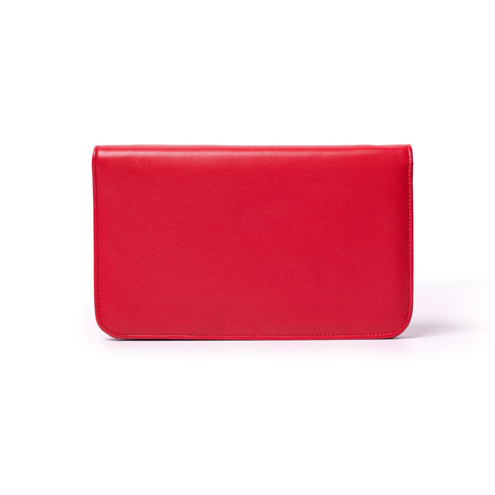 Red leather clutch bag with a sleek, rectangular shape and silver accents, designed for elegant occasions.