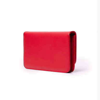 Red leather wallet with a sleek, minimalist design, labeled as STANDARD SILVER WOC - RED.