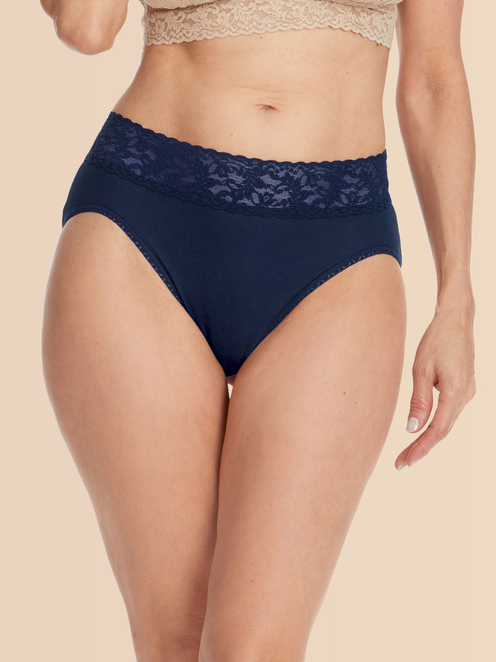 Model facing front in Navy Supima® Cotton French Brief with lace waistband - Front View | Hanky Panky