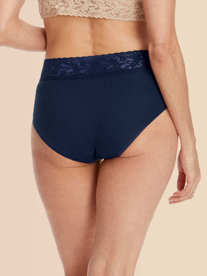 Model facing back in Navy Supima® Cotton French Brief with lace waistband - Back View | Hanky Panky