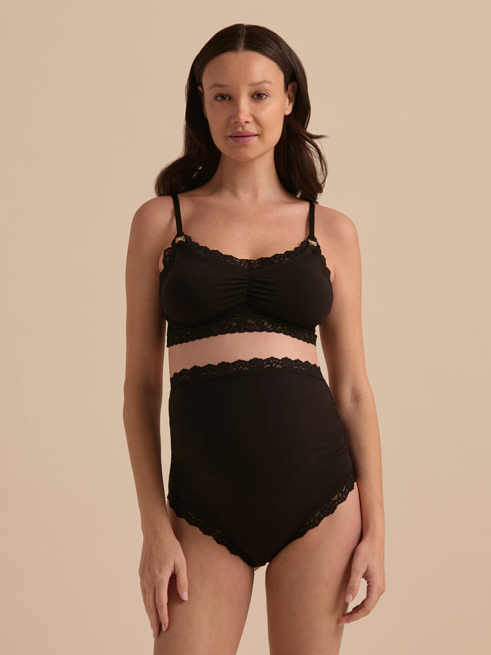 Black Supima® Cotton Nursing Bralette with Lace Trim - Front On-Model Full Length | Hanky Panky