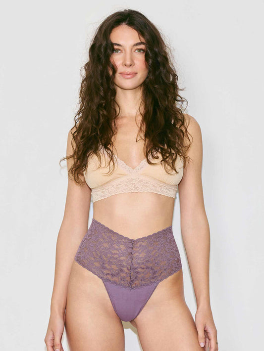 Dusk Supima® Cotton Retro Thong, high-rise lace waistband, front view on model | Hanky Panky