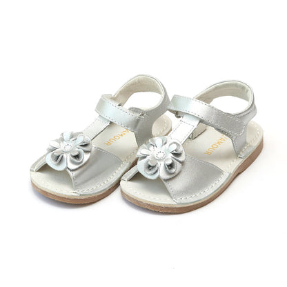 L'Amour Girls Suzanne Silver Flower T-Strap Leather Sandal - Lamourshoes.com