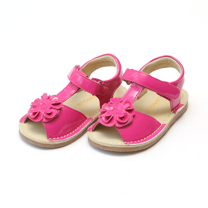 L'Amour Girls Suzanne Fuchsia Flower T-Strap Leather Sandal - Lamourshoes.com