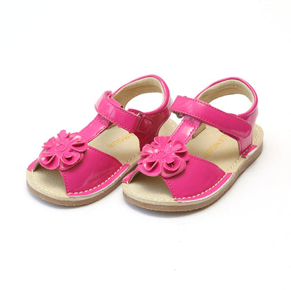 L'Amour Girls Suzanne Fuchsia Flower T-Strap Leather Sandal - Lamourshoes.com