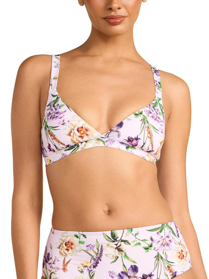 Fawning Flora Purple floral print swim triangle bralette top, on model - Front View | Hanky Panky