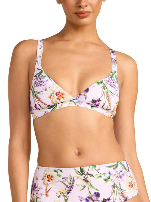 Fawning Flora Purple floral print swim triangle bralette top, on model - Front View | Hanky Panky