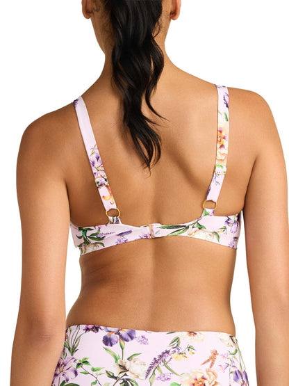 Fawning Flora Purple swim bralette top with gold ring hardware and adjustable straps - Back View | Hanky Panky