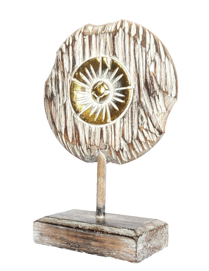 Table Decoration. Decorative hand carved wooden floral disc on stand.