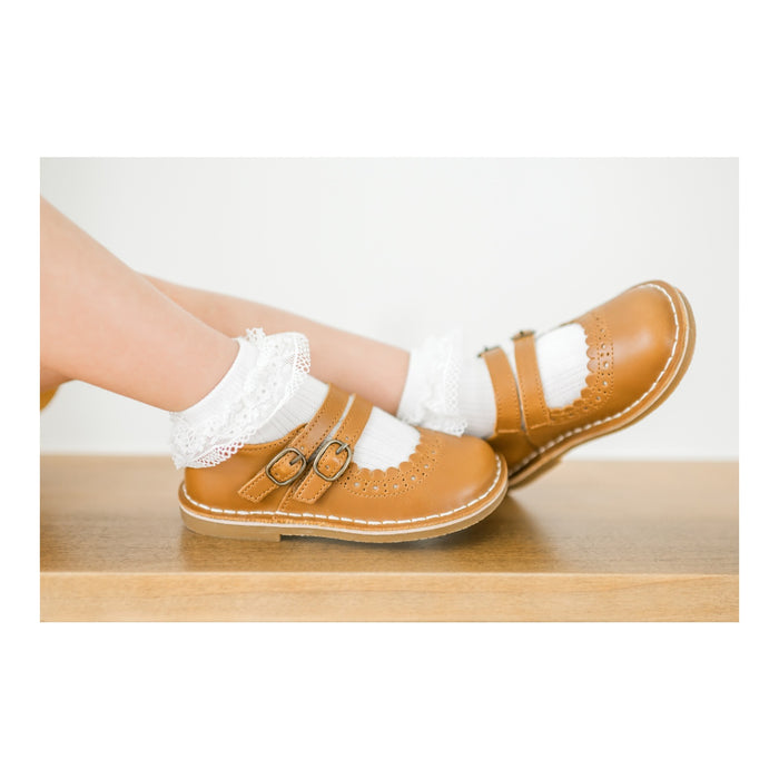 Toddler Girl's Camel Leather Dress Shoe - Tatiana Double Strap Mary Jane Shoe - L'Amour Shoes