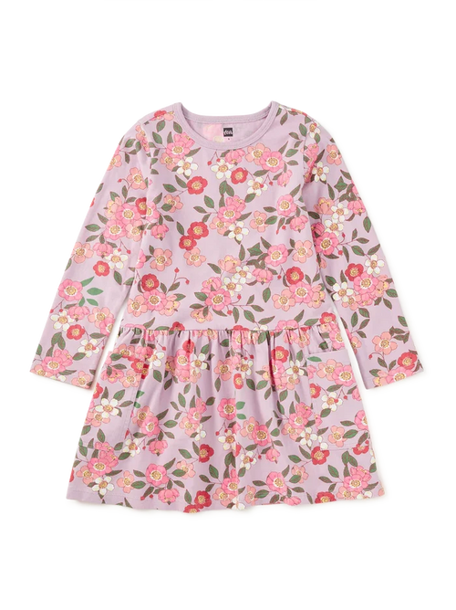 Tea Collection – Long Sleeve Pocket Dress in Rosa Canina