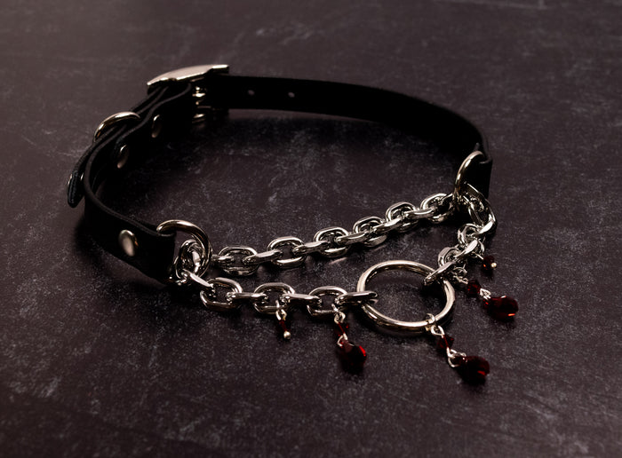 "Tears of Venus" - 12.5" - 15" Black Leather Crimson Crystal Martingale Collar _ LIMITED _