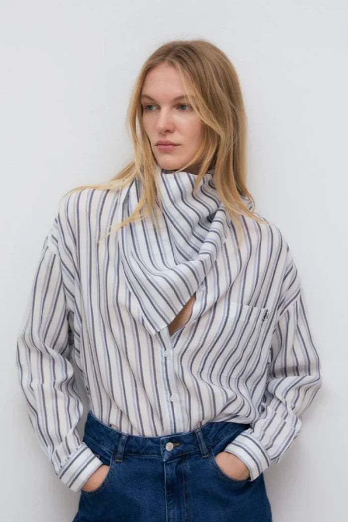 The New Society – Estela Button Down Shirt in Infinite Navy Stripes
