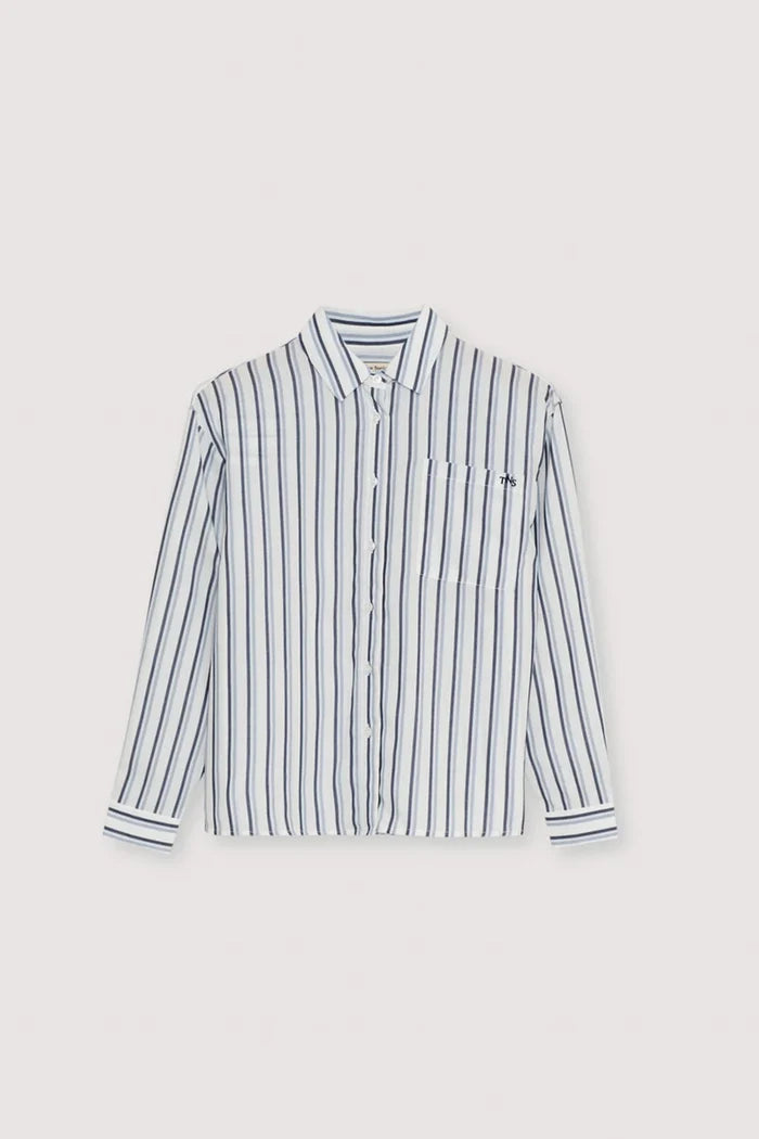 The New Society – Estela Button Down Shirt in Infinite Navy Stripes