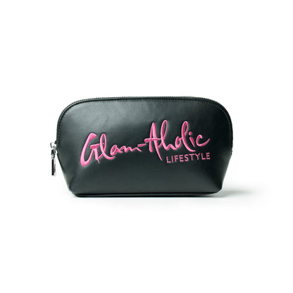 Black cosmetic pouch featuring the Glam-Aholic Lifestyle logo in pink, perfect for organizing makeup and accessories.