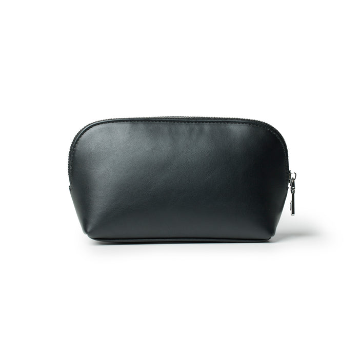 Sleek black cosmetic pouch with a smooth finish and zip closure, perfect for organizing beauty essentials.
