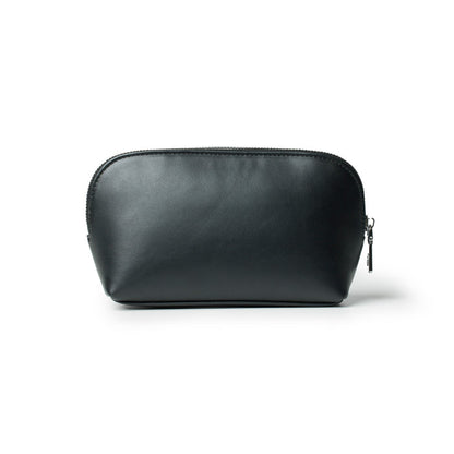 Sleek black cosmetic pouch with a smooth finish and zip closure, perfect for organizing beauty essentials.